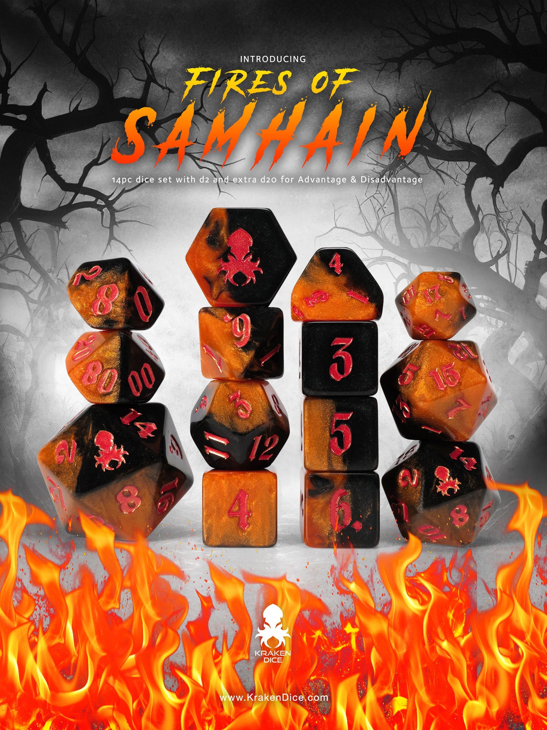 Fires of Samhain 14pc Dice Set inked in Red
